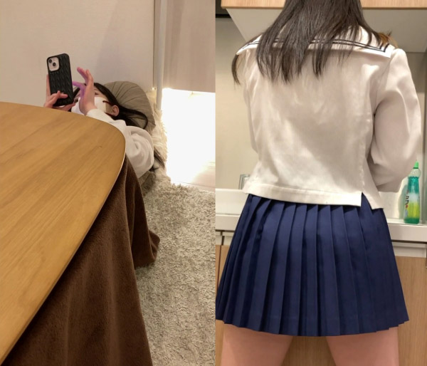 姉の友達 こたつの中 ミニスカ制服と縞パンの衝撃2 【家庭内盗撮】