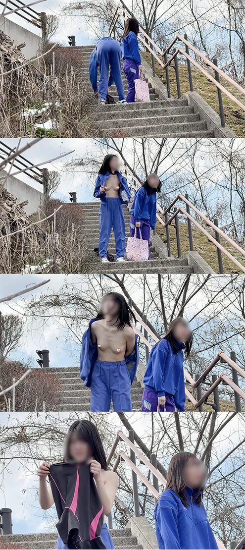 【野外お着替え】2人そろって！ジャージっこの若さ炸裂おっぱい最高！おま○もお尻も丸出しで大豊作！（最安値）