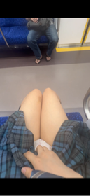 超ミニスカ青チェJK制服で胸ちら＆ぱんちら散歩♡電車でぱんつ脱ぎチャレンジ♡