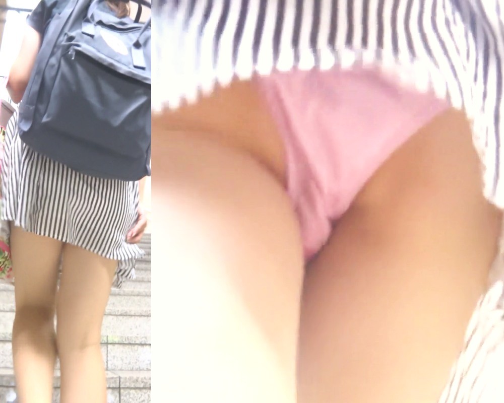 【再販】パンチラ盗撮 女子大生 パンチラガードしたのにピンクパンツが超丸見え