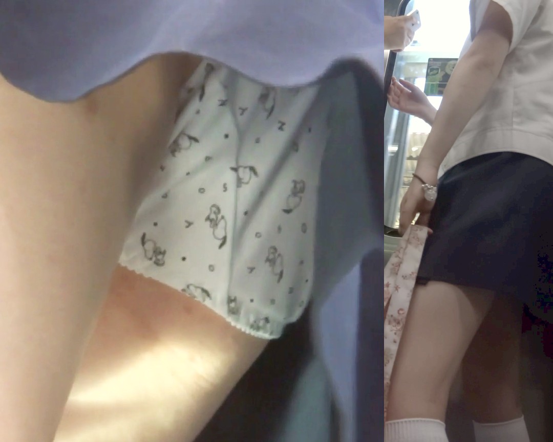 パンチラ盗撮 制服女子 スヌーピー柄の白パンツをカメラに見せつけ(再販品)