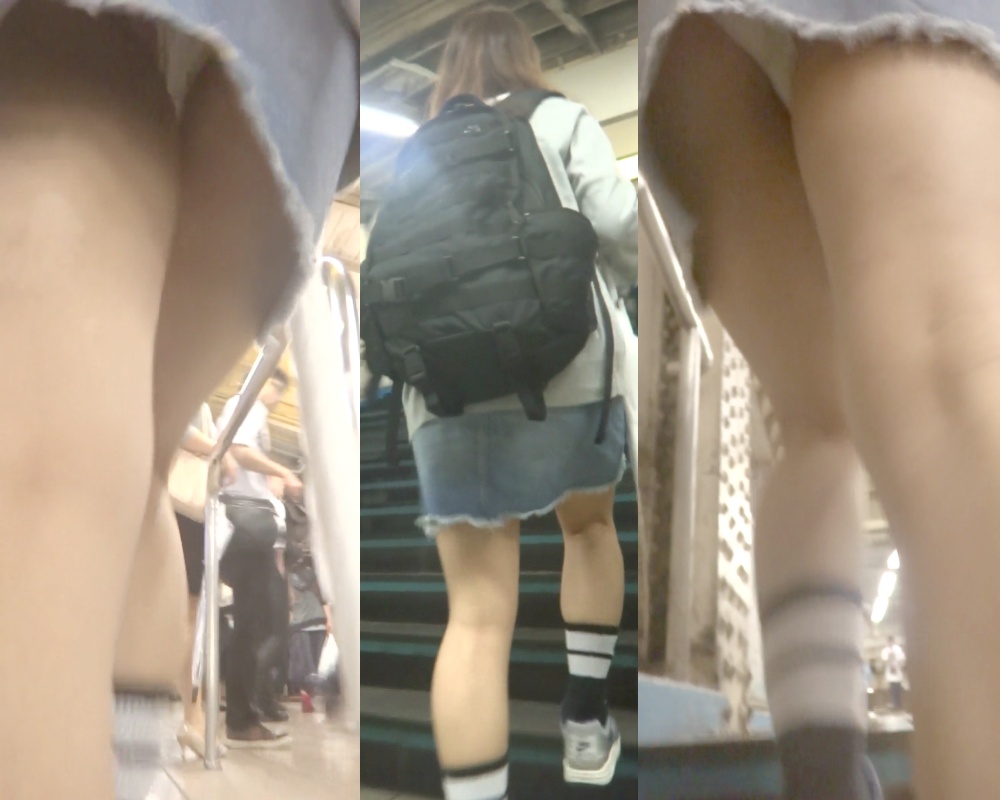 パンチラ盗撮 女子大生 デニムミニスカの中身は白パンツ