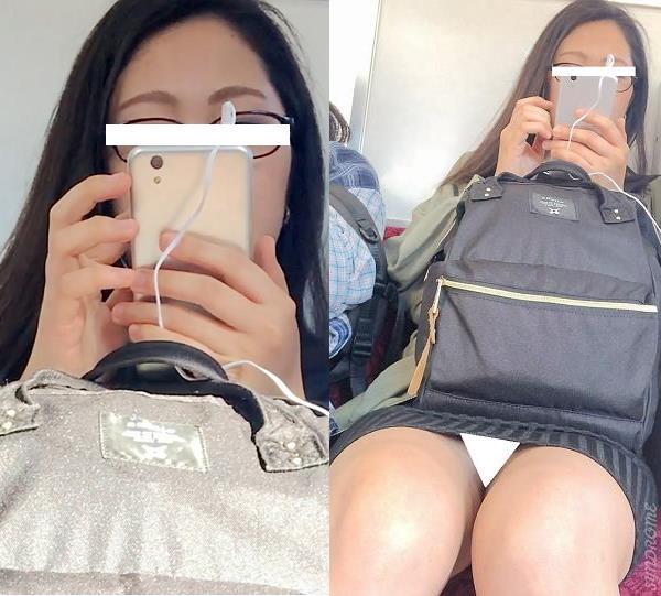 (電車対面）(顔出し)スマホでしっかりとお顔をガード…でもその分タイトミニ▼に寄られちゃった…メガネっこお姉さんを観察してみまし