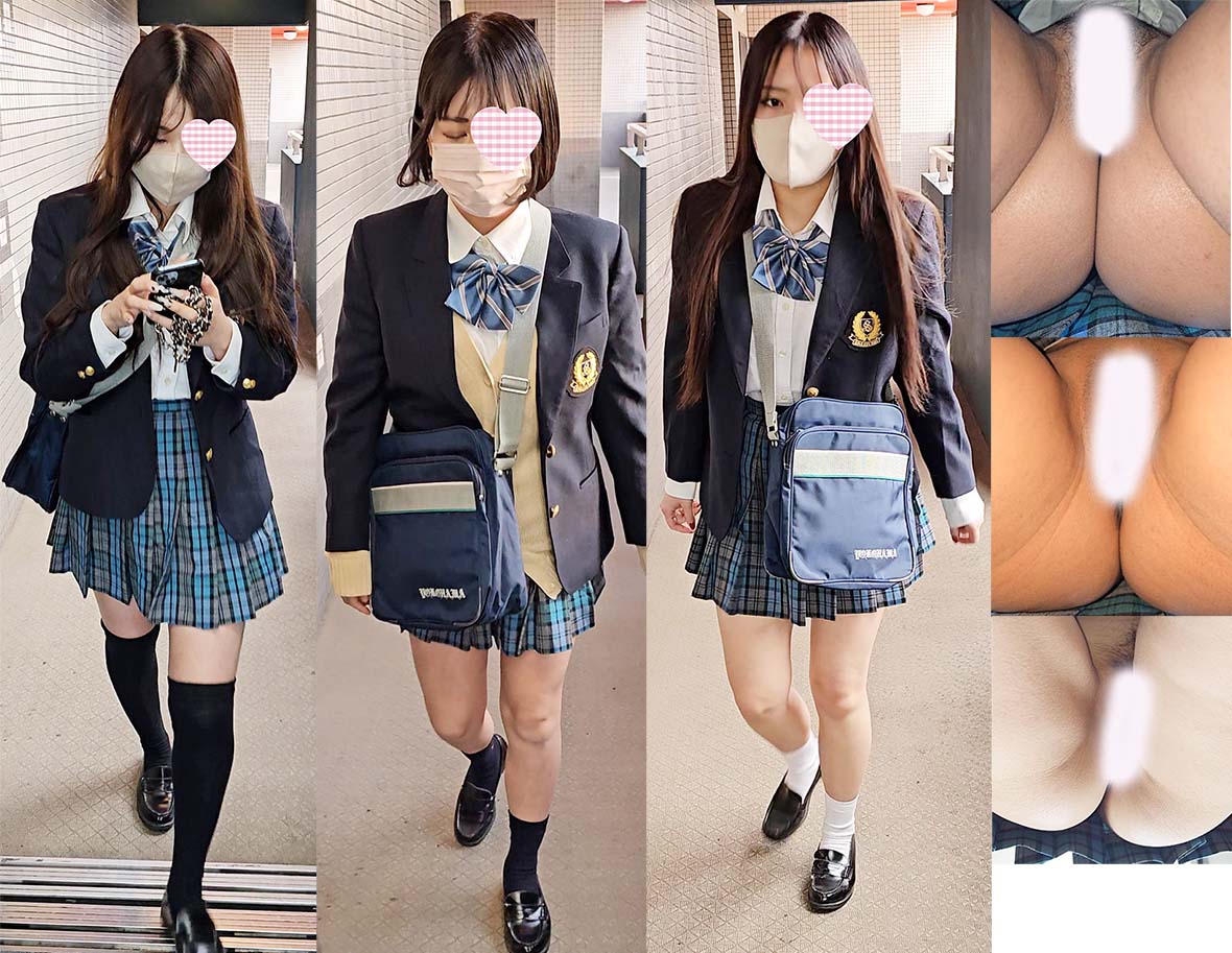 エレベーターでスカート内を覗いたらノーパンだった制服女子さんたち3名！