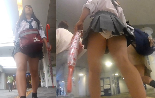 （再販）【FHD 顔モザなし】駅構内で見つけた夏服ミニスカJK！追い撮りからの白のサテンPパンチラ！