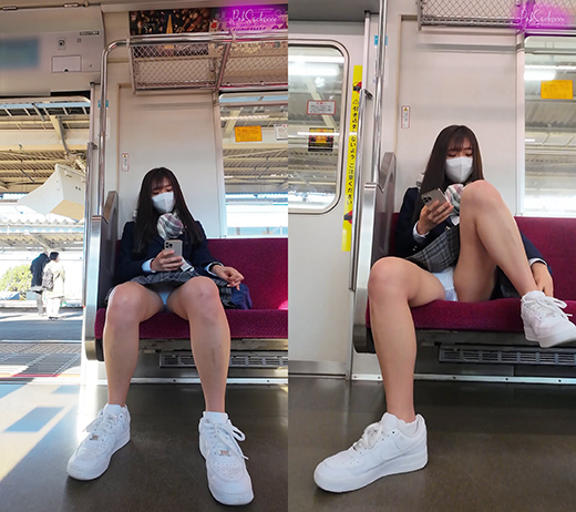 【縦型動画】ミニスカ制服娘は何色の生パンツ？ 2日連続盗撮電車（4）白パンツでM字開脚パンチラ編 gallery photo 4