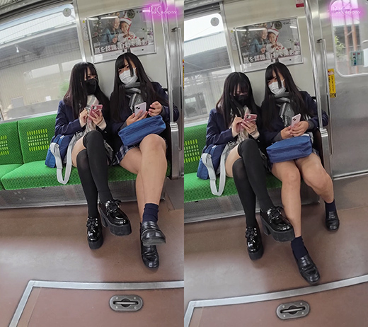 【縦型動画】電車でミニスカ制服2人組をひたすら撮影した環境動画（1）対面座席ローアングル編 gallery photo 1