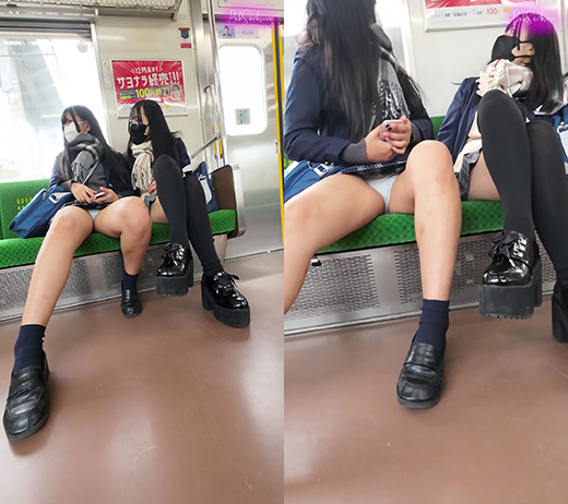 【縦型動画】電車でミニスカ制服2人組をひたすら撮影した環境動画（1）対面座席ローアングル編 gallery photo 4