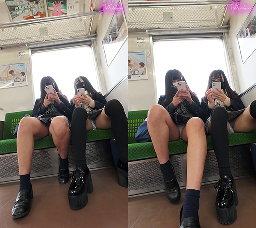 【縦型動画】電車でミニスカ制服2人組をひたすら撮影した環境動画（5）股間正面パンチラ覗き編 gallery photo 3