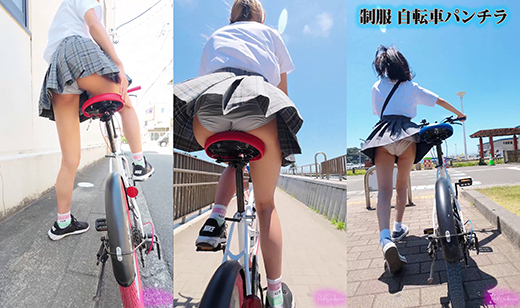 【縦型動画】ミニスカ制服2人組、自転車パンチラ（1）強風でスカートめくれて街中で恥ずかしい風パンチラ