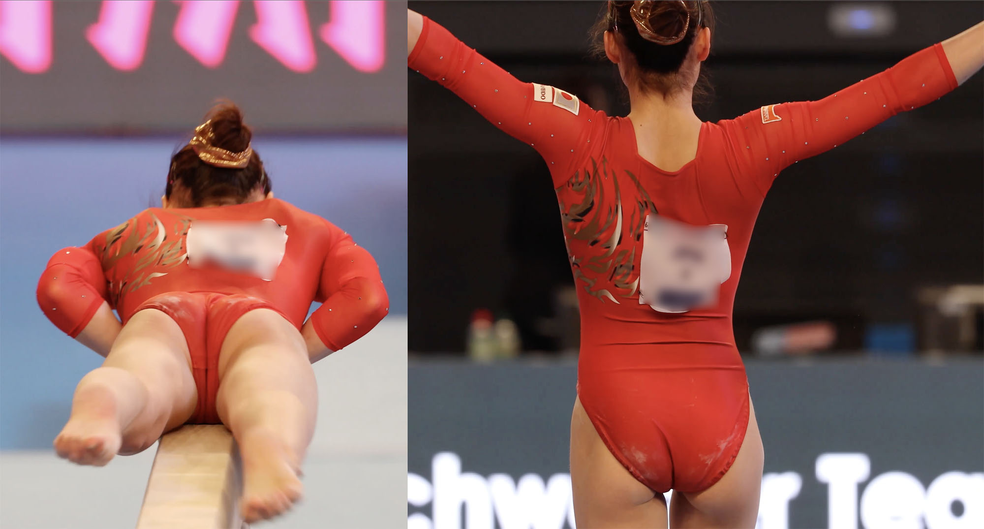 2018体操国際大会日本代表09 ゼッケンナンバー４の選手赤ユニフォームで平均台、床、跳馬試技