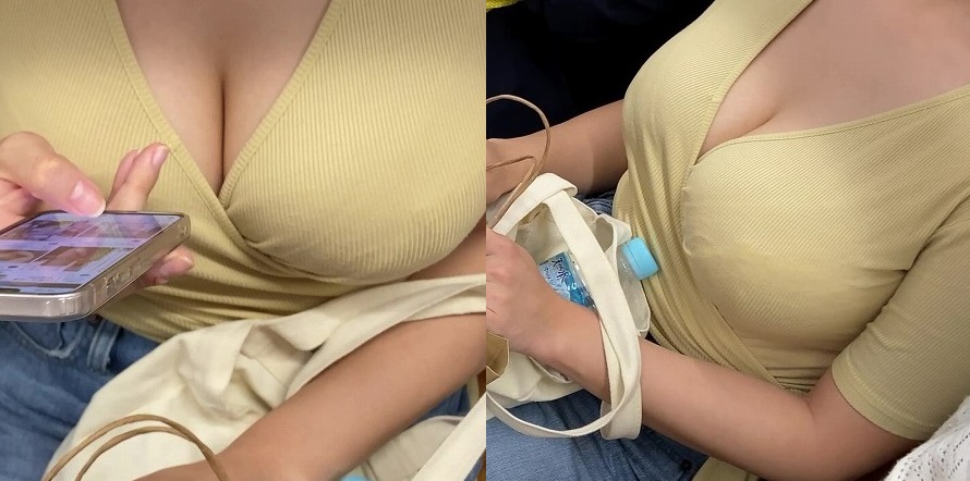 巨乳の友達！盗撮風に撮影させて貰いました！！爆乳胸チラ谷間最高です。