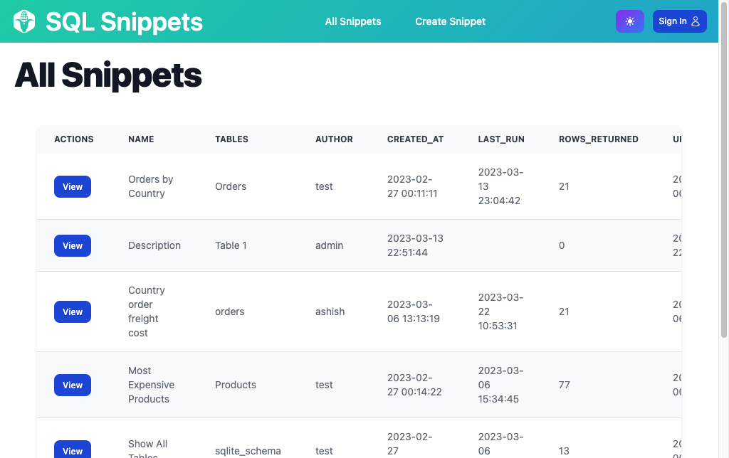 Preview screenshot of SQL Snippets