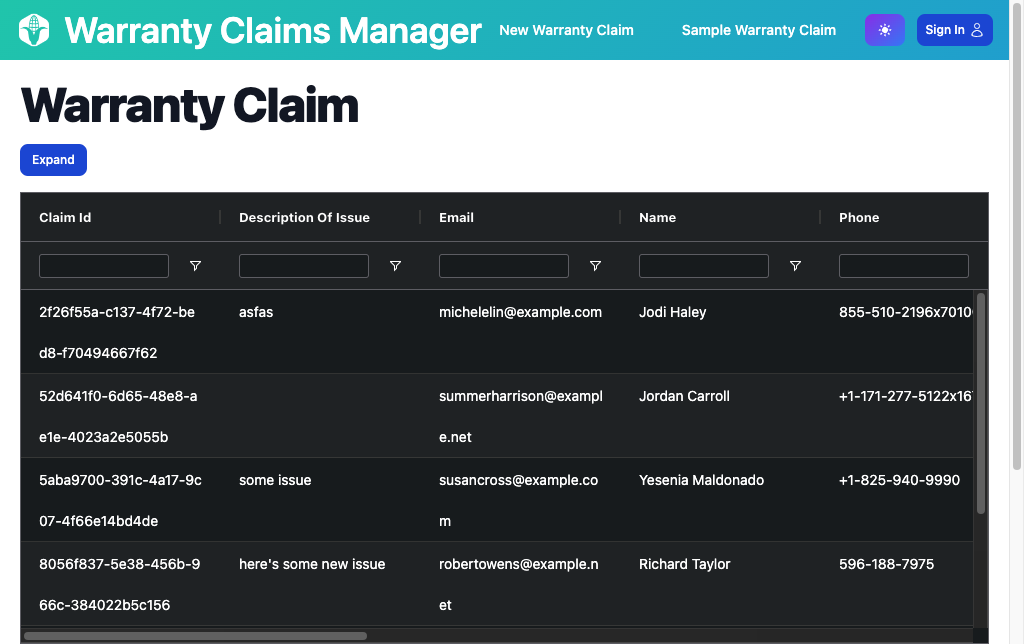 Preview screenshot of Warranty Claims