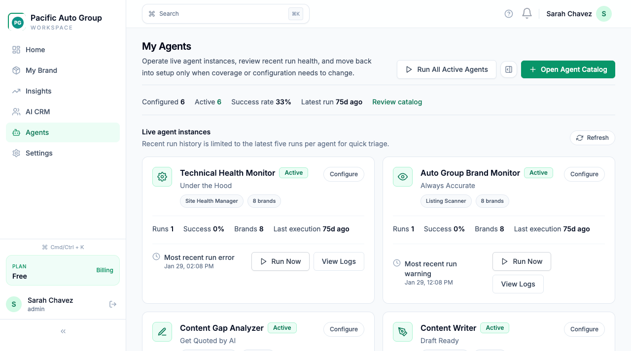 Live AI agents monitoring brand health, listings, content gaps, and competitive intelligence