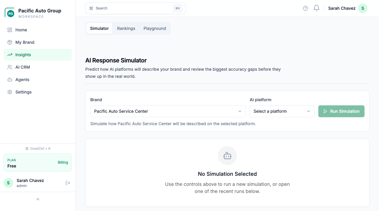 AI Simulator testing how your shop appears across ChatGPT, Claude, Gemini, and Perplexity