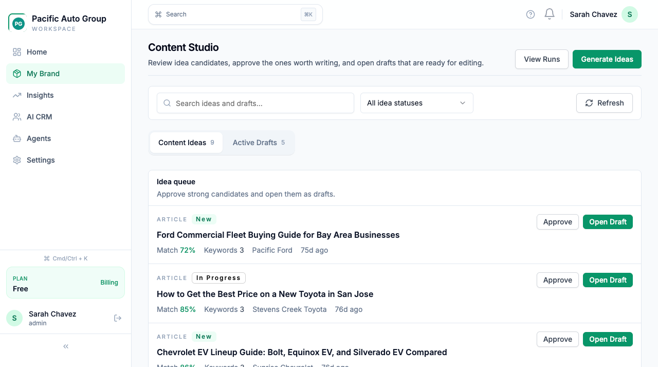 Content Studio workspace for creating and optimizing AI-readable shop content