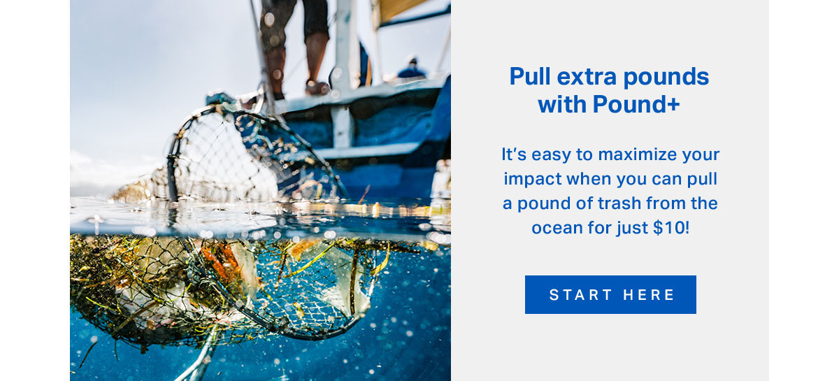 Pull extra pounds with Pound+. It’s easy to maximize your impact when you can pull a pound of trash from the ocean for just $10! Start Here →