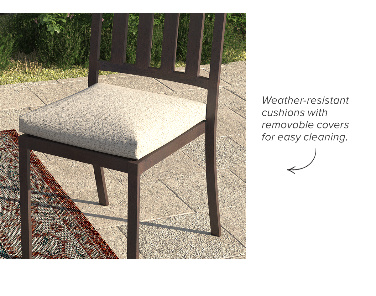 Weather-resistant cushions with removable covers for easy cleaning.