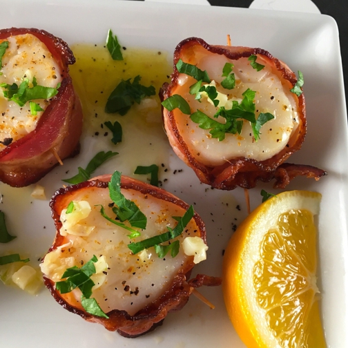 wild-caught seafood, scallops, bacon