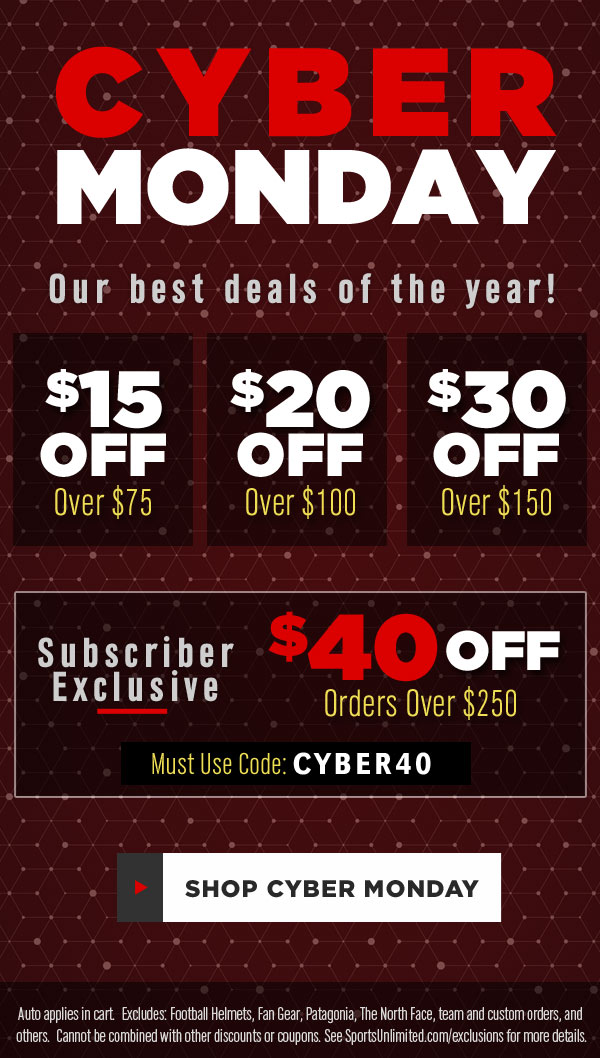 Cyber Monday - Our best deals of the year: $15, $20, or $30 off - Use Code: CYBER40 to get $40 Off $250 or more (exclusions apply) - SHOP NOW