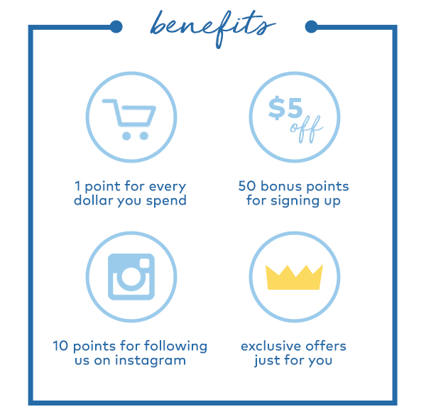 Benefits. 1 point for every dollar you spend. $5 off (50 bonus points) for signing up. 10 points for following use on Instagram. Exclusive offers just for you.