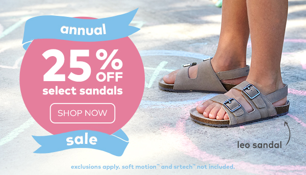 Annual sale. 25% off select sandals. Shop now. Exclusions apply. Soft motion and SRtech not included. 