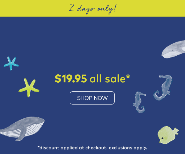 Flash Sale! $19.95 all sale. Shop now. Discount applied at checkout. Exclusions apply. 