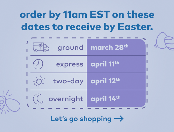 Order by 11am EST on these dates to receive by Easter. Ground 3/28. Express 4/11, Two-day 4/12, Overnight 4/14.