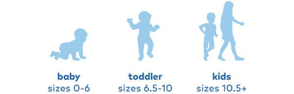 Baby: sizes 0-6. Toddler: sizes 6.5-10. Kids: sizes 10.5+