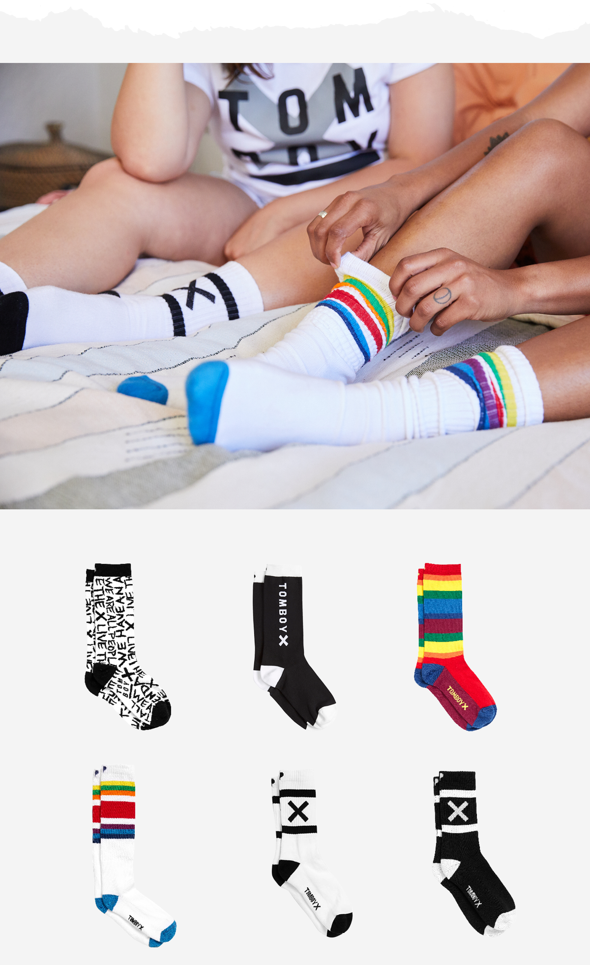 Humans wearing TomboyX socks and image of TomboyX socks collection.