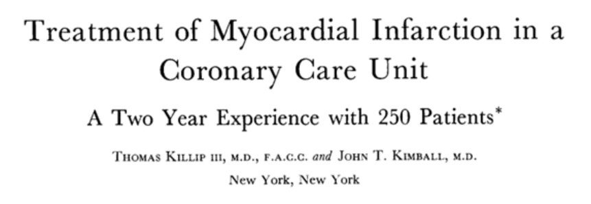 Figura 2 – Título do trabalho original da classificação de Killip. Treatment of myocardial infarction in a coronary care unit. A two-year experience with 250 patients. Am J Cardiol. 1967 Oct;20(4):457-64.