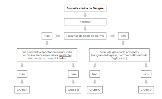 Figura 1. Fluxograma para manejo da dengue e estadiamento dos pacientes em grupos A, B, C e D. 