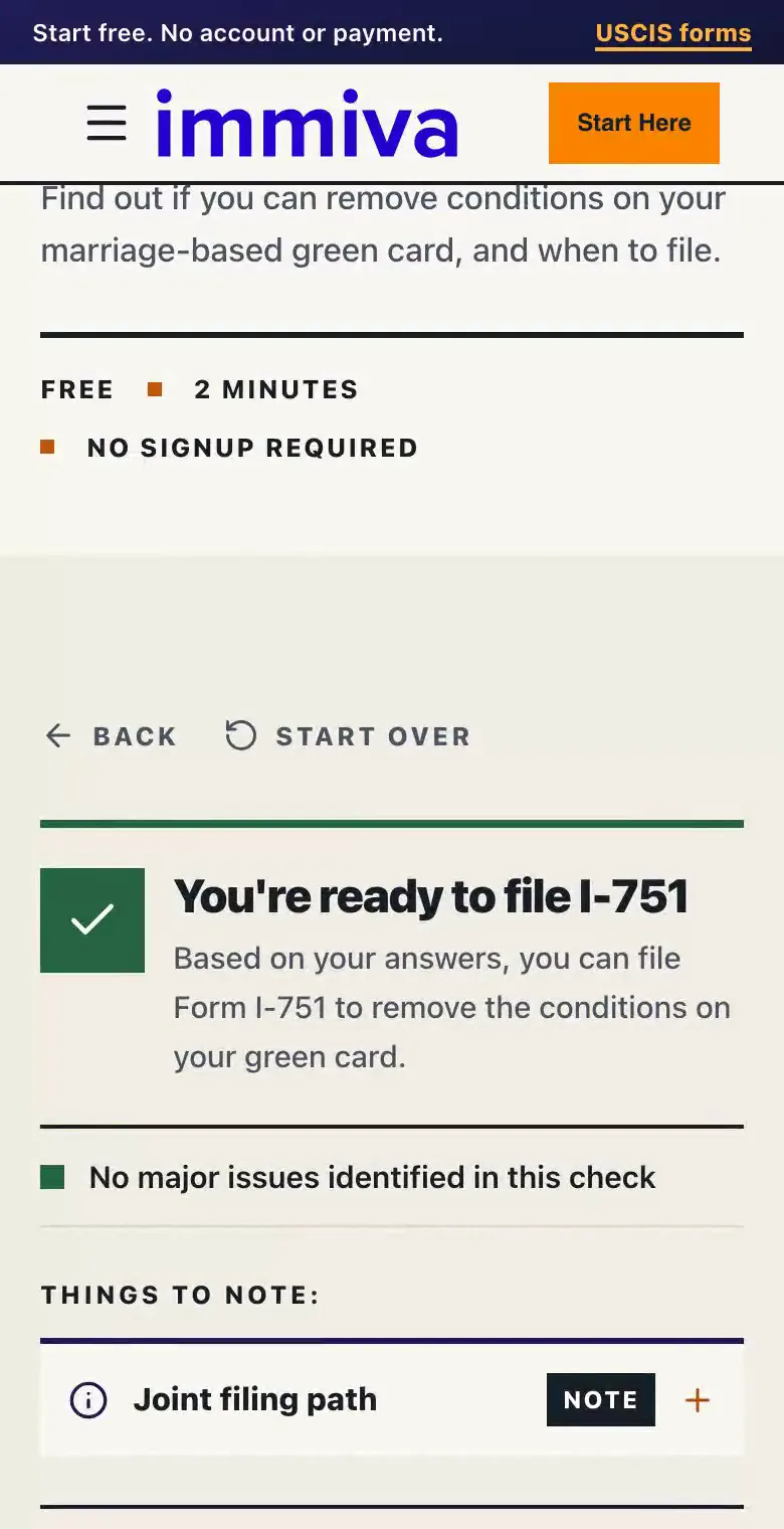 A recording of the eligibility check on a phone: two questions are answered with a tap each, then the result says the applicant is ready to file.