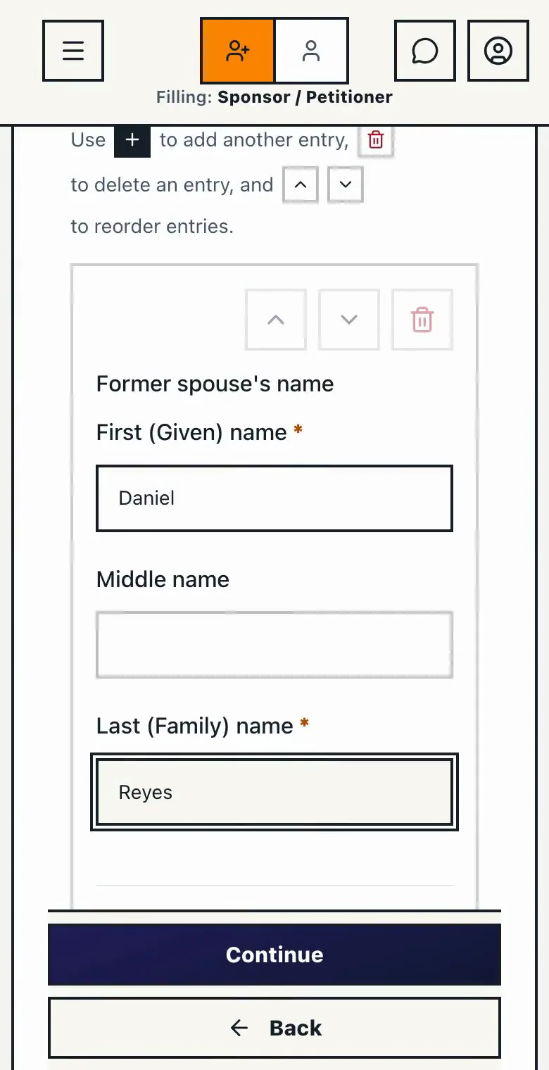 A recording of one question in the app on a phone: tapping Yes opens the follow-up questions, two names are typed and the page saves itself.
