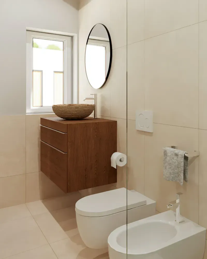 Render del piano terra: bagno con i sanitari sospesi