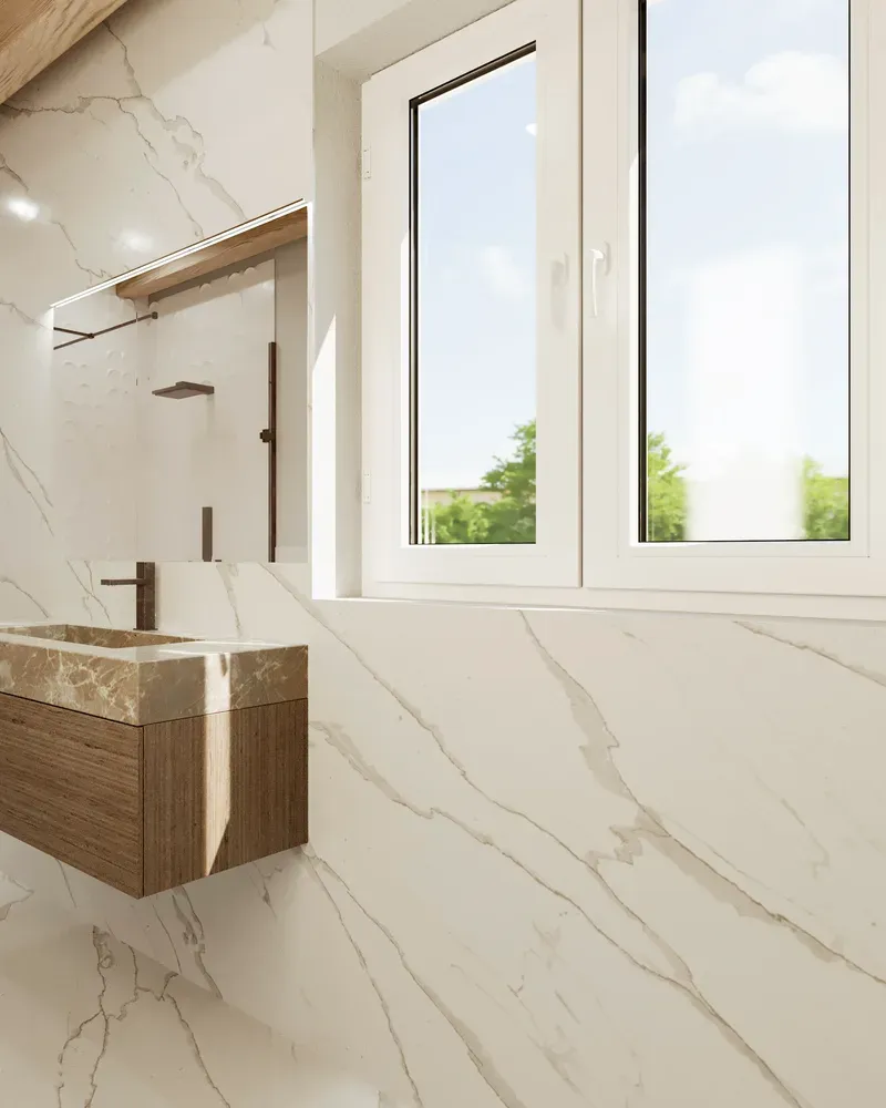 Render del primo piano: il bagno con pavimento e rivestimento effetto marmo