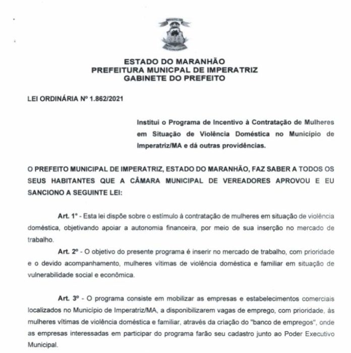 Lei incentiva contratação de mulheres vítimas de violência em Imperatriz