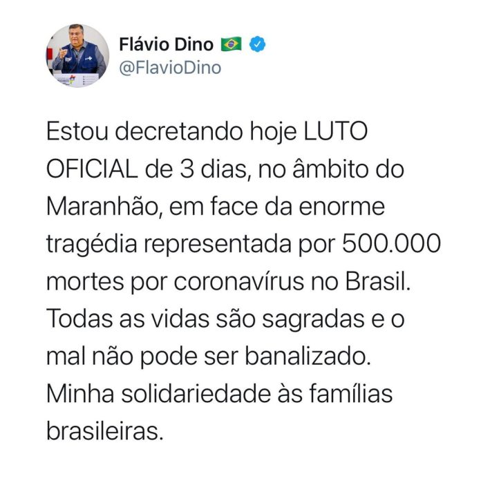 Maranhão decreta luto de 3 dias após país marcar 500 mil mortos por Covid