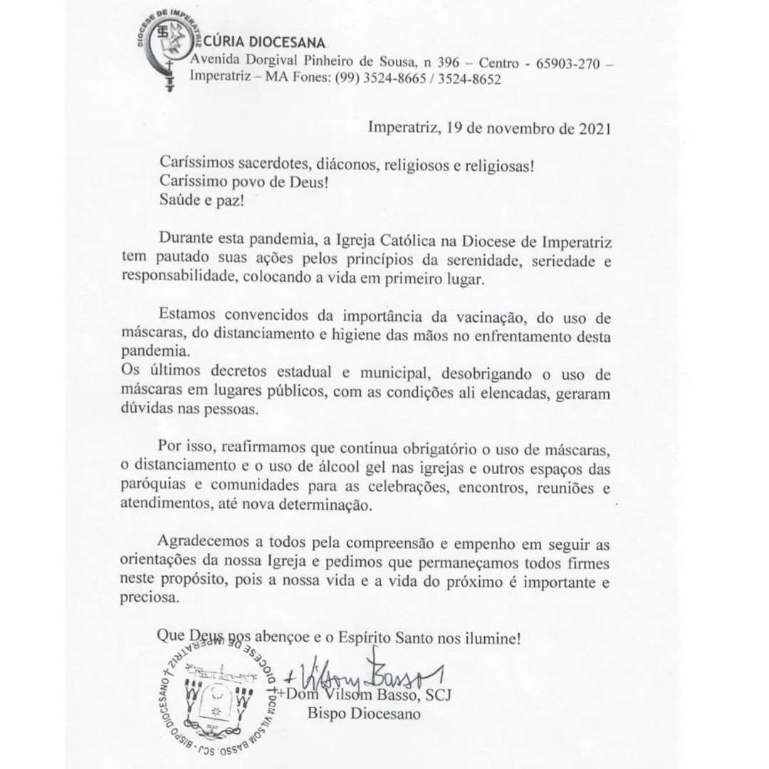 Diocese de Imperatriz vai manter uso de máscara mesmo com decreto 1 Imagens de Notícias de Imperatriz