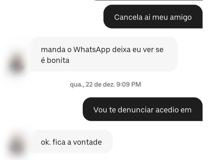 “Manda o WhatsApp deixa eu ver se é bonita”, diz motorista à passageira para aceitar corrida