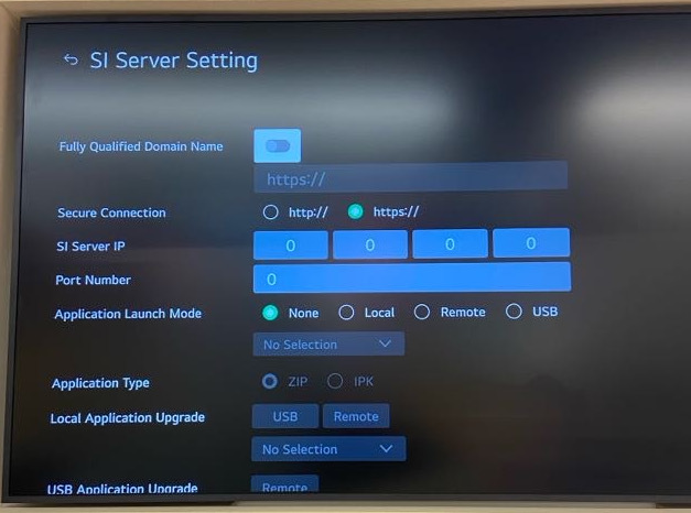 SI Server Setting configuration screen showing FQDN and App settings