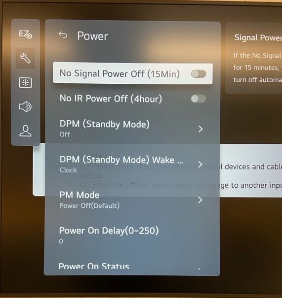 Power settings screen