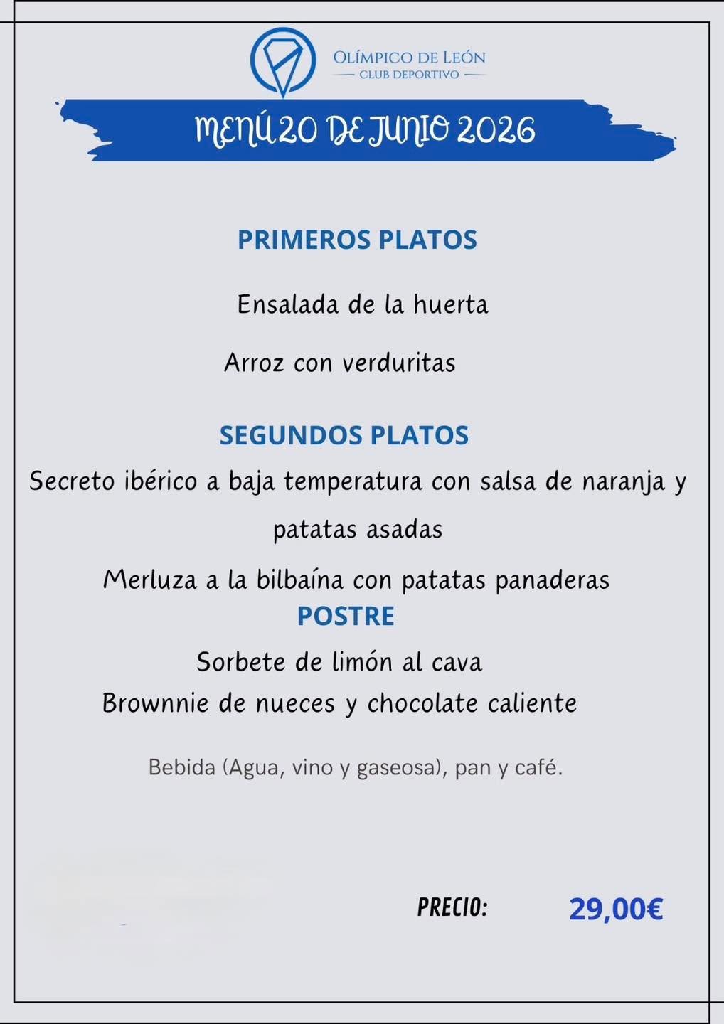 Menú 20 de junio 2026 del Olímpico de León