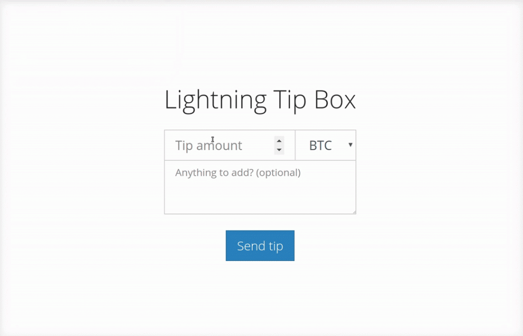 Gezeigt wird eine Spenden-Box, nach einem Klick wird eine entsprechende Zahlugnsaufforderung dargestellt, welche genutzt werden kann um eine Zahlung über das Lightning Netzwerk anzustossen.