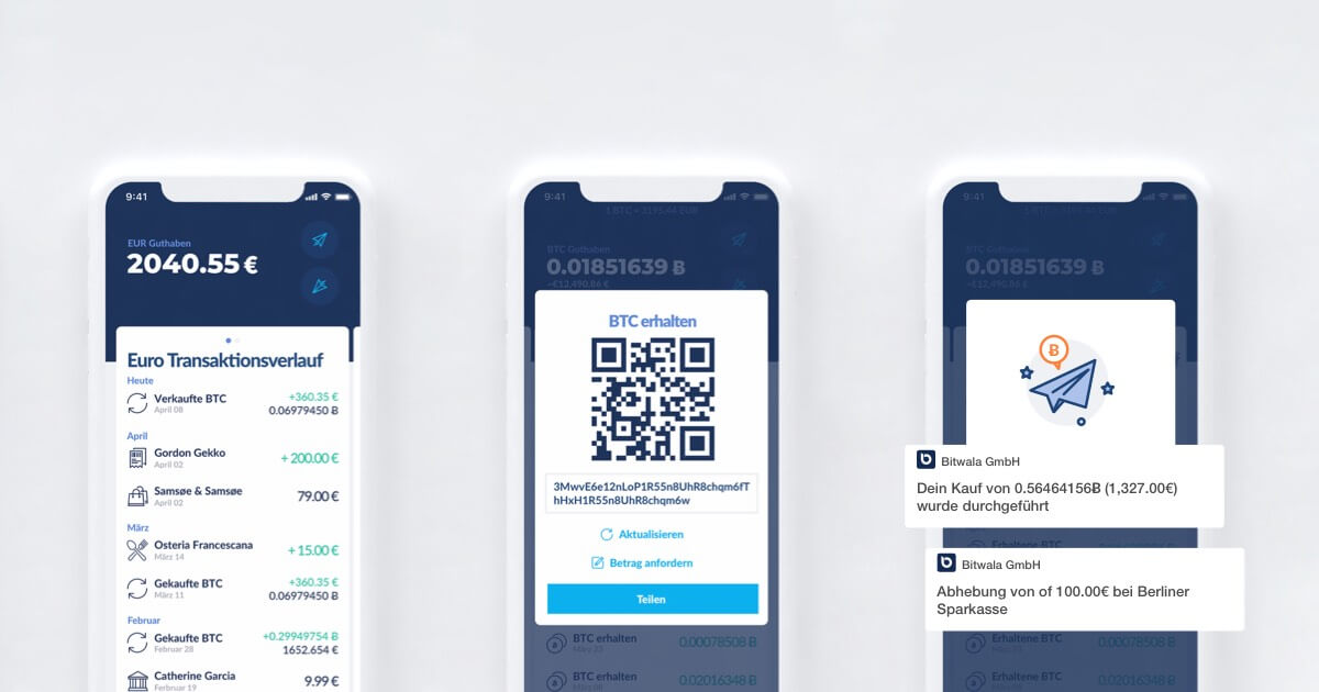 Bitwala mobile ansicht mit Bitcoin Wallet