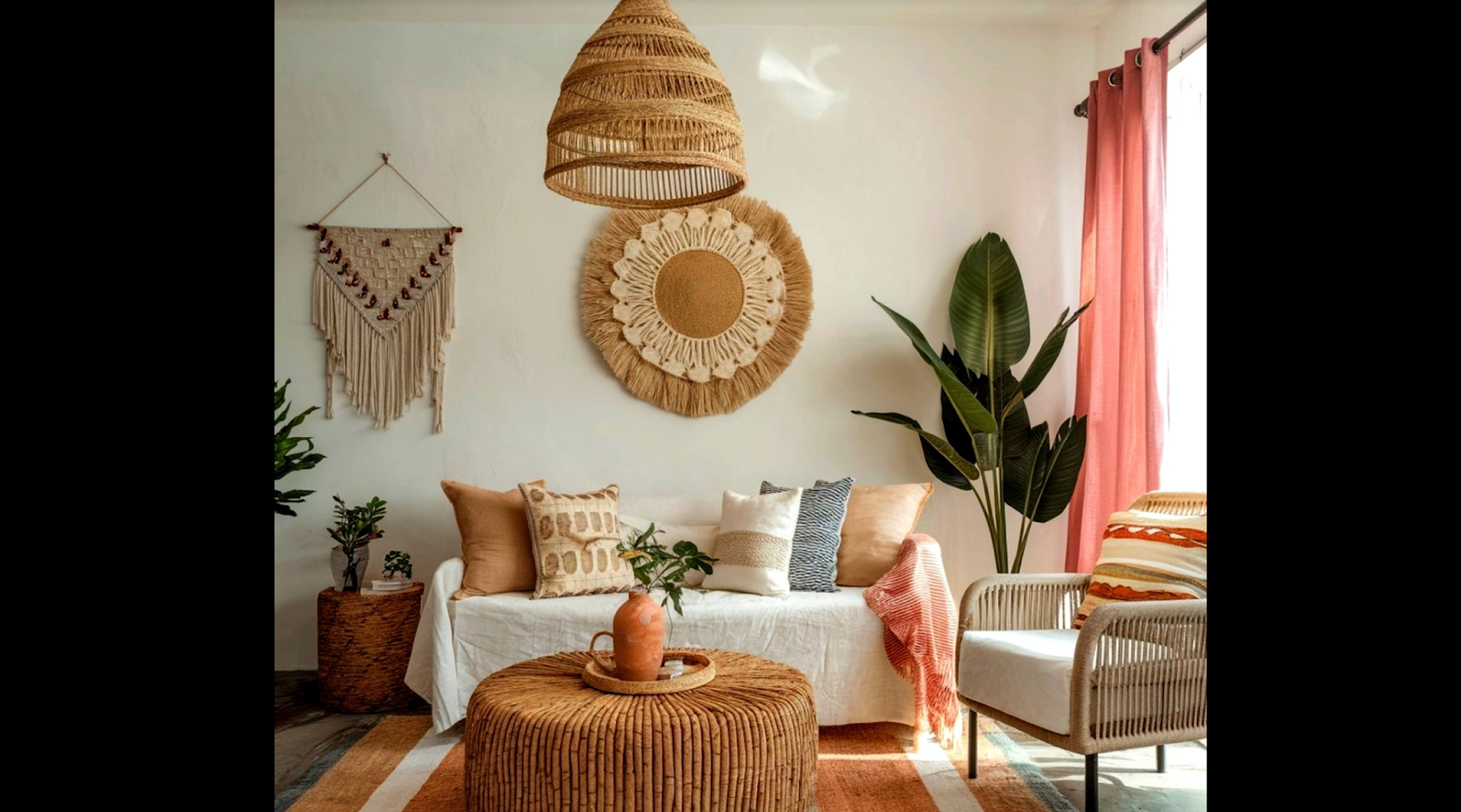 Living room interior design with textile hangings.png