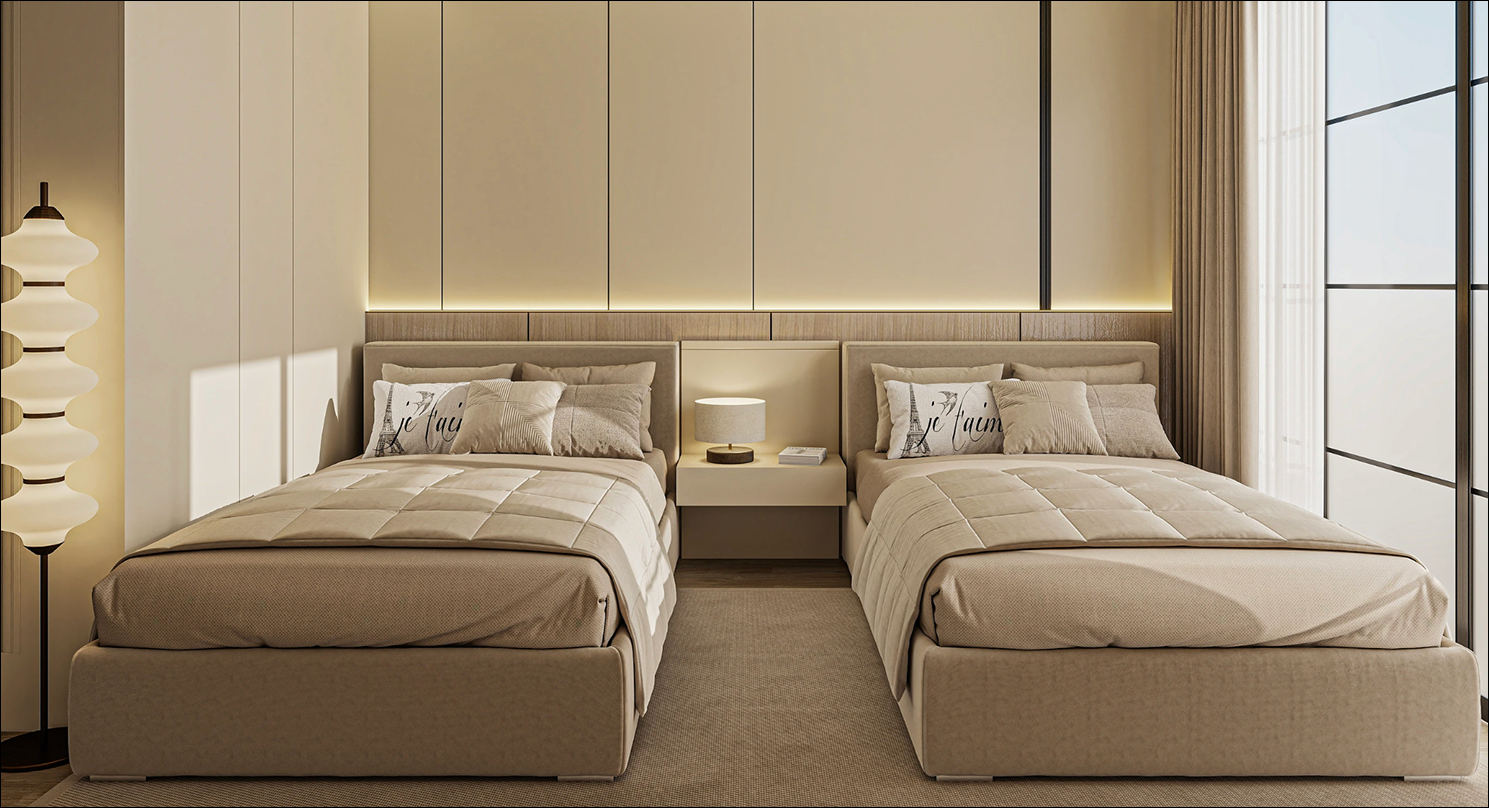 Twin bedroom with symmetric balance