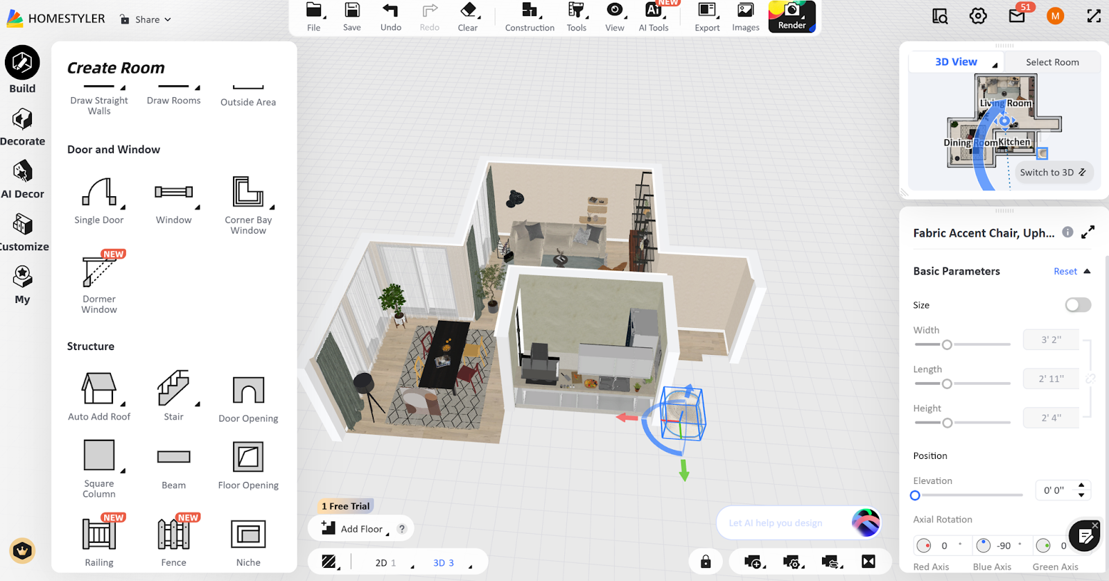 Homestyler 3D room design with drawing tools and AI decor options