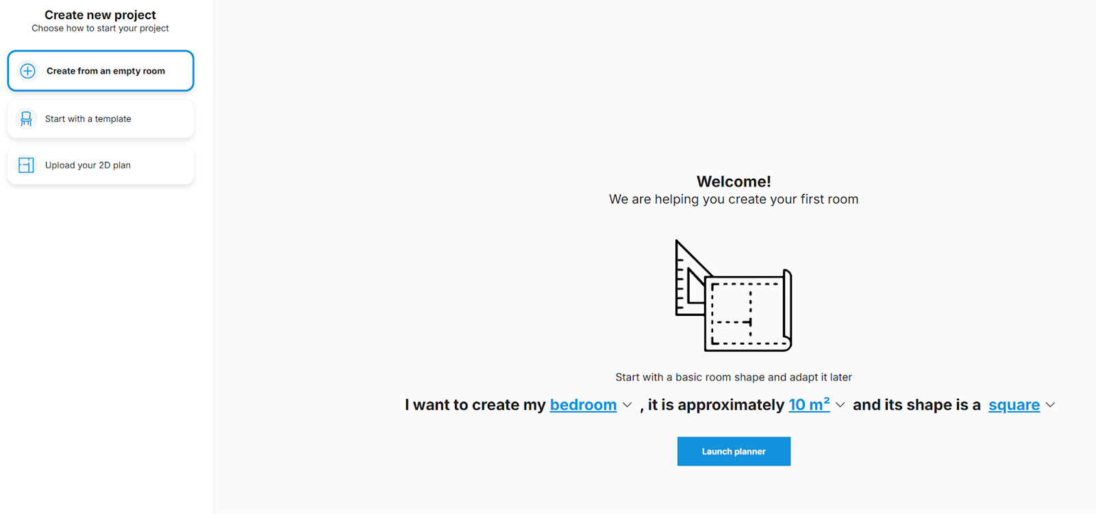 HomeByMe with options for empty room, template, or uploading a 2D floor plan